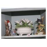 BIRD FIGURINES, 2 PITCHERS, FLORAL CENTERPIECE