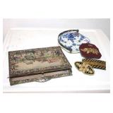 VANITY PURSE, HAIR BARRETTES, DELFT DISH
