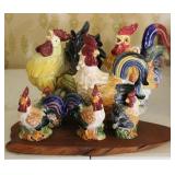 Colorful Rooster Canisters w/ Shakers & Teapot