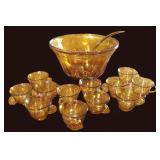 Indiana Glass Amber Carnival Glass Punch Bowl Set