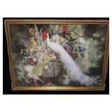 White Peacock, Cockatoos & Flowers Print Framed