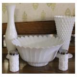 Misc. Milk Glass Vases, Bowl, & Shakers