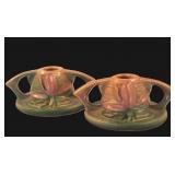 (2) Roseville Pottery Water Lily Candle Holders