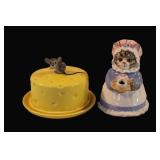 Bonnet Cat Tea Kettle w/ Cheese Mouse Covered Dish