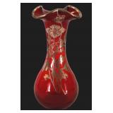 Ruby Red Art Glass Vase w/ Silver Flowers