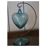 Hand Blown Blue Iridescent Glass Ribbed Heart