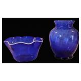 Cobalt Blue Glass Ruffle Bowl & Vase