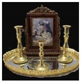 Brass Candlestick Holders on Tray w/ Picture Frame