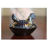 Miniature Iridescent Carnival Glass Hen on Nest