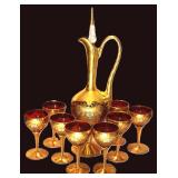 Ruby Murano Style Glass Decanter Set w/ Gold Leaf