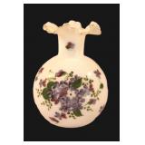 Fenton Violets in Snow Bulbous Milk Glass Vase