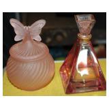 Pink Satin Powder Jar & Pink Glass Perfume Bottle