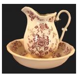 Floral Transferware Ceramic Wash Pitcher & Basin