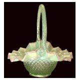 Fenton Sea Mist Green Pink Crest Hobnail Basket