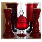 Red Glass Candle Holders, Votives, & Candy Jar