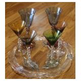 Clear Glass Tulip Plate w/ Colorful Stemware Glass