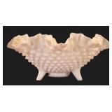 Fenton Milk Glass Hobnail 3 Footed Ruffled Bowl