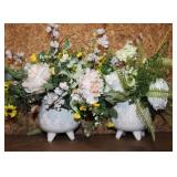 White Painted Footed Ceramic Pots w/ Faux Flowers