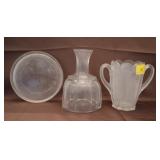 GLASS TRAY, DECANTER AND 2 HANDLED VASE