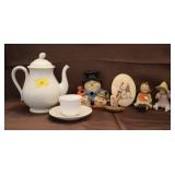 GROUPING: CERAMIC TEA POT, CUP, SAUCER, FIGURINE,