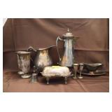 GROUPING: SILVER PLATE: PITCHER, EWER, TUMBLERS,