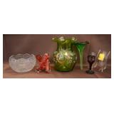 GROUPING: GLASSWARE: GREEN PAINTED VASE, CRANBERRY