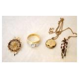 GROUPING: 14K GOLD PIN, 14K GOLD PLATED RING,