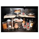GROUPING: CINDLE STICKS, CANDLES, PEWTER PLATES,