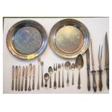 SILVER PLATE TRAYS AND ASSORTED FLATWARE AND