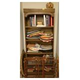OAK BOOK CASE WITH BOOKS, PLACE MATS, MIRROR,