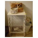 METAL WIRE SHELF WITH BASKETS, SCALE, ETC.