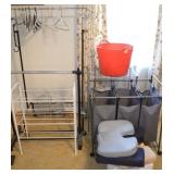 GROUPING: CLOTHES BASKET, SEAT CUSHIONS, SHOE