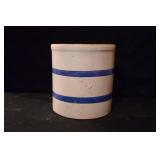BLUE AND GRAY SALT GLAZE STORAGE CROCK - 8" HIGH