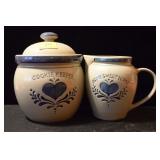 SALT GLAZE STONEWARE PITCHER AND COOKIE KEEPER