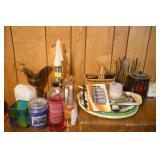 GROUPING: CANDLES, OIL, CANDLE STICKS, SALT LAMP,