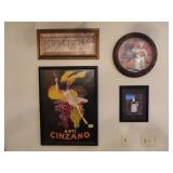 4 WINE RELATED PICTURES AND CLOCK