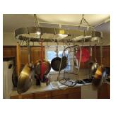 HANGING POT RACK WITH SKILLETS AND OTHER COOKWARE