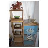 GROUPING: WOODEN SHELVES WITH CONTENTS