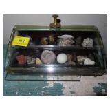 GLASS DISPLAY BOX WITH QUARTZ, CRYSTALS, ETC.