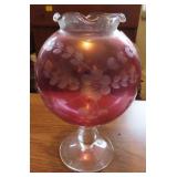 CRANBERRY GLASS VASE - ETCHED