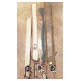 6 VINTAGE FISHING POLES AND FLY RODS