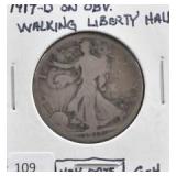 1917-D ON OBV. WALKING LIBERTY HALF "KEY DATE"