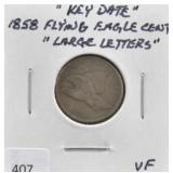 1858 FLYING EAGLE CENT, SMALL LETTERS, "KEY DATE"