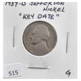 1939-D JEFFERSON NICKEL, "KEY DATE"