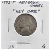 1943-P JEFFERSON NICKEL, "KEY DATE"