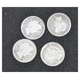 4 BARBER DIMES (1916-S, 1908, 1899, 1901-O)