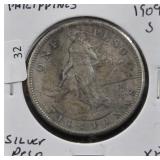 1909 S PHILIPPINES SILVER PESO AU