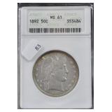 1892 BARBER HALF DOLLAR ANAX MS61