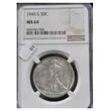 1945 S WALKING HALF DOLLAR NGC MS64
