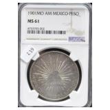 1901 MEXCIO PESO NGC MS 61 RARE